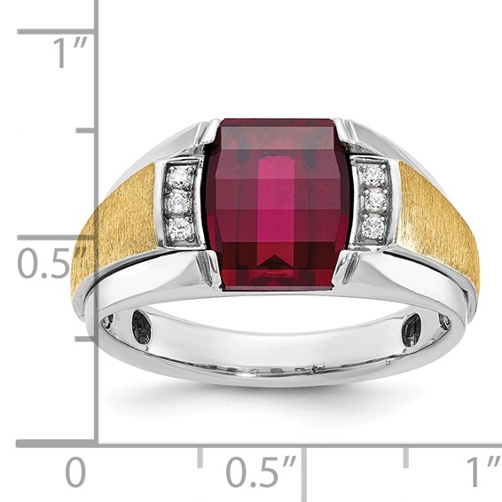 IB Goodman 14k Two-tone Mens Satin Barrel Lab Created Ruby and 1/20 carat Diamond Complete Ring