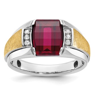 IB Goodman 14k Two-tone Mens Satin Barrel Lab Created Ruby and 1/20 carat Diamond Complete Ring