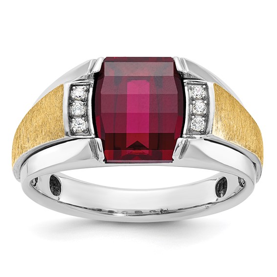 IB Goodman 14k Two-tone Mens Satin Barrel Lab Created Ruby and 1/20 carat Diamond Complete Ring