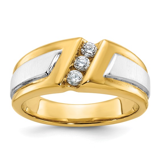 18k Two-tone IBGoodman Men's Polished and Satin 3-Stone Diamond Ring
