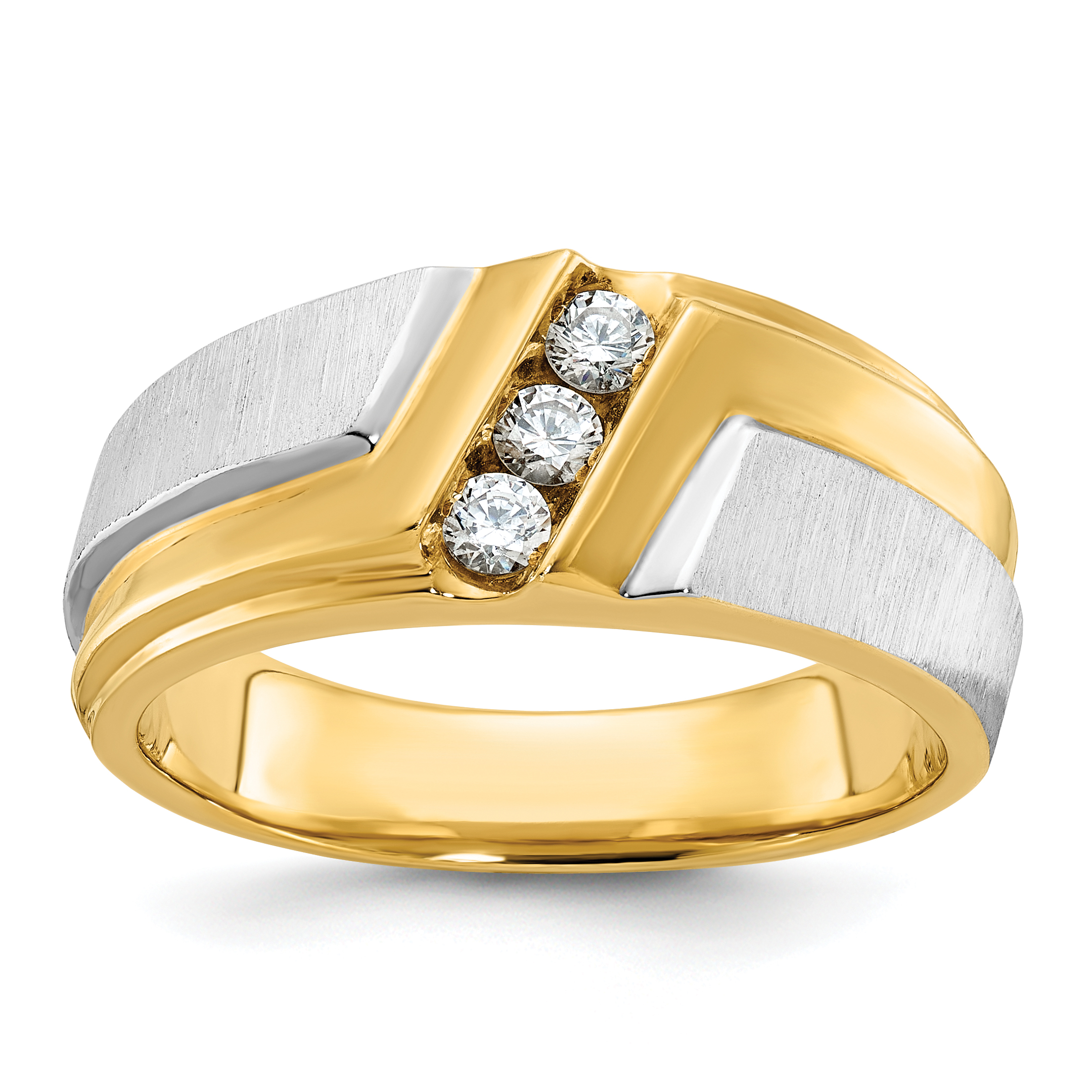 IBGoodman 14k Two-tone Men's Polished Satin and Grooved 3-Stone 1/4 Carat AA Quality Diamond Ring (B58008-4YWAA)