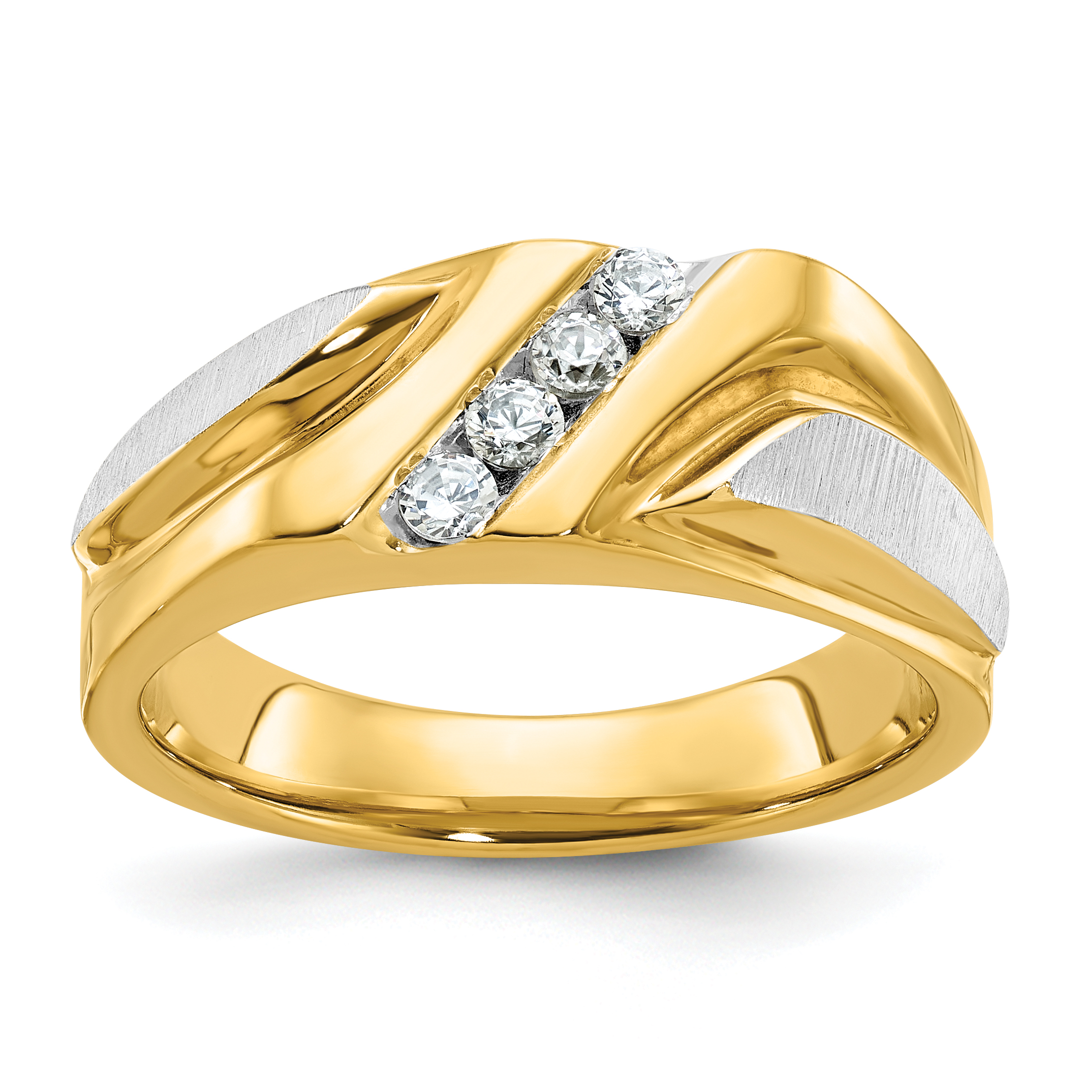 IBGoodman 14k Two-tone Men's Polished Satin and Grooved 4-Stone 1/4 Carat AA Quality Diamond Ring (B58194-4YWAA)