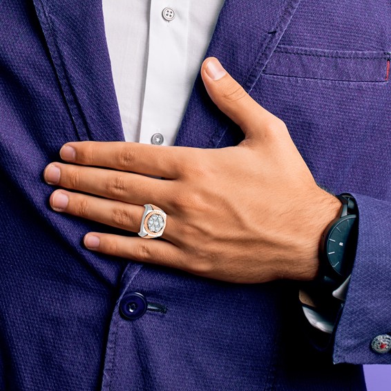 IBGoodman 14k White and Rose Gold Men's Polished Satin and Diamond-cut Round 2 Carat AA Quality Diamond Cluster Ring