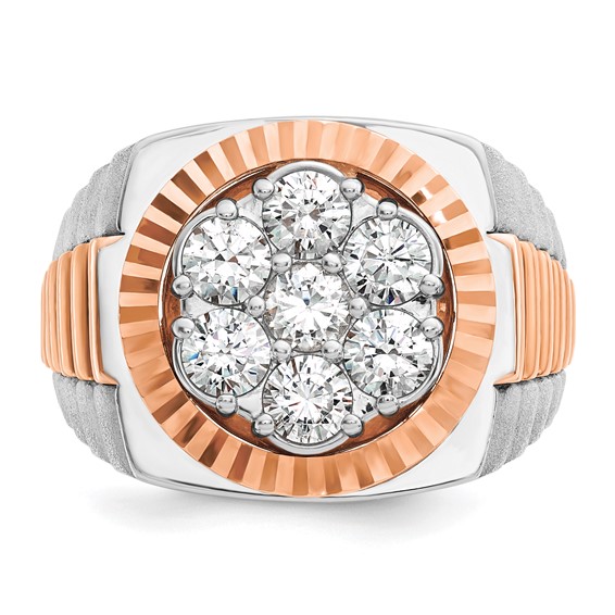 IBGoodman 14k White and Rose Gold Men's Polished Satin and Diamond-cut Round 2 Carat AA Quality Diamond Cluster Ring