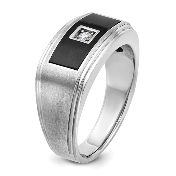 IBGoodman 14k White Gold with Black Enamel Men's Polished Satin and Grooved 1/20 Carat AA Quality Diamond Ring
