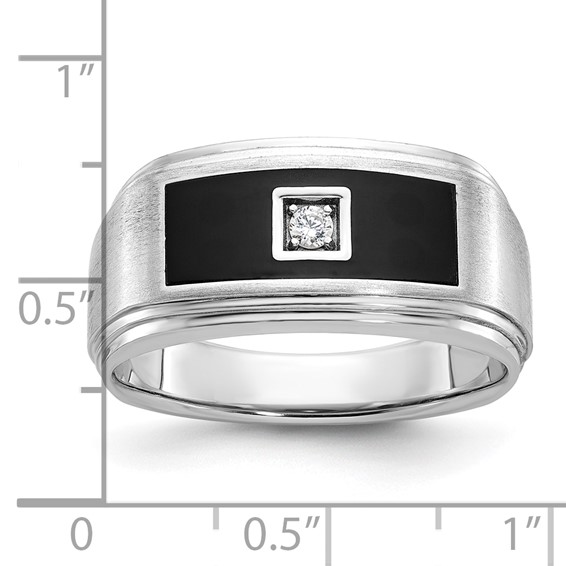 IBGoodman 14k White Gold with Black Enamel Men's Polished Satin and Grooved 1/20 Carat AA Quality Diamond Ring