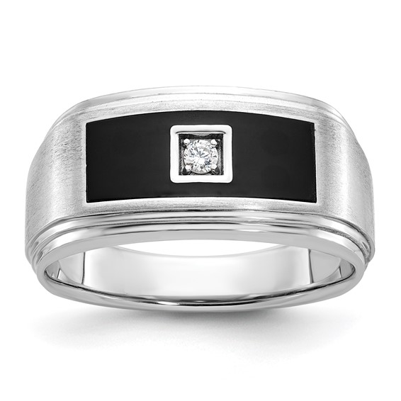 IBGoodman 14k White Gold with Black Enamel Men's Polished Satin and Grooved 1/20 Carat AA Quality Diamond Ring