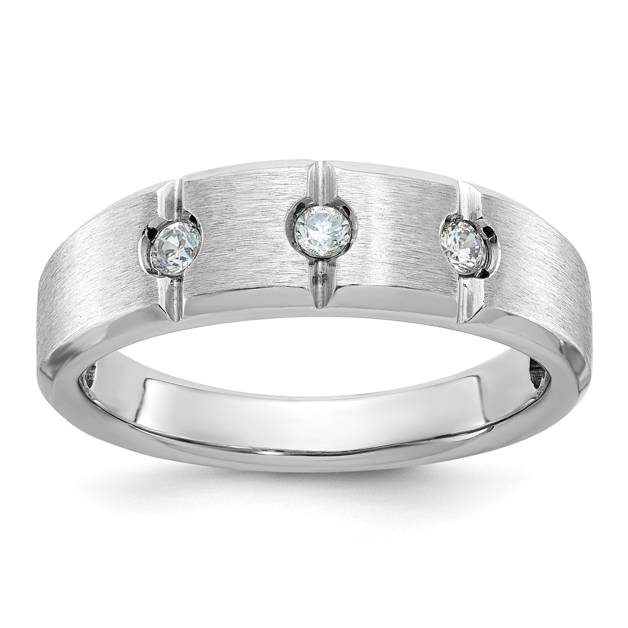 IBGoodman 14k White Gold Men's Polished Satin and Grooved 3-Stone 1/5 Carat AA Quality Diamond Ring (B58943-4WAA)