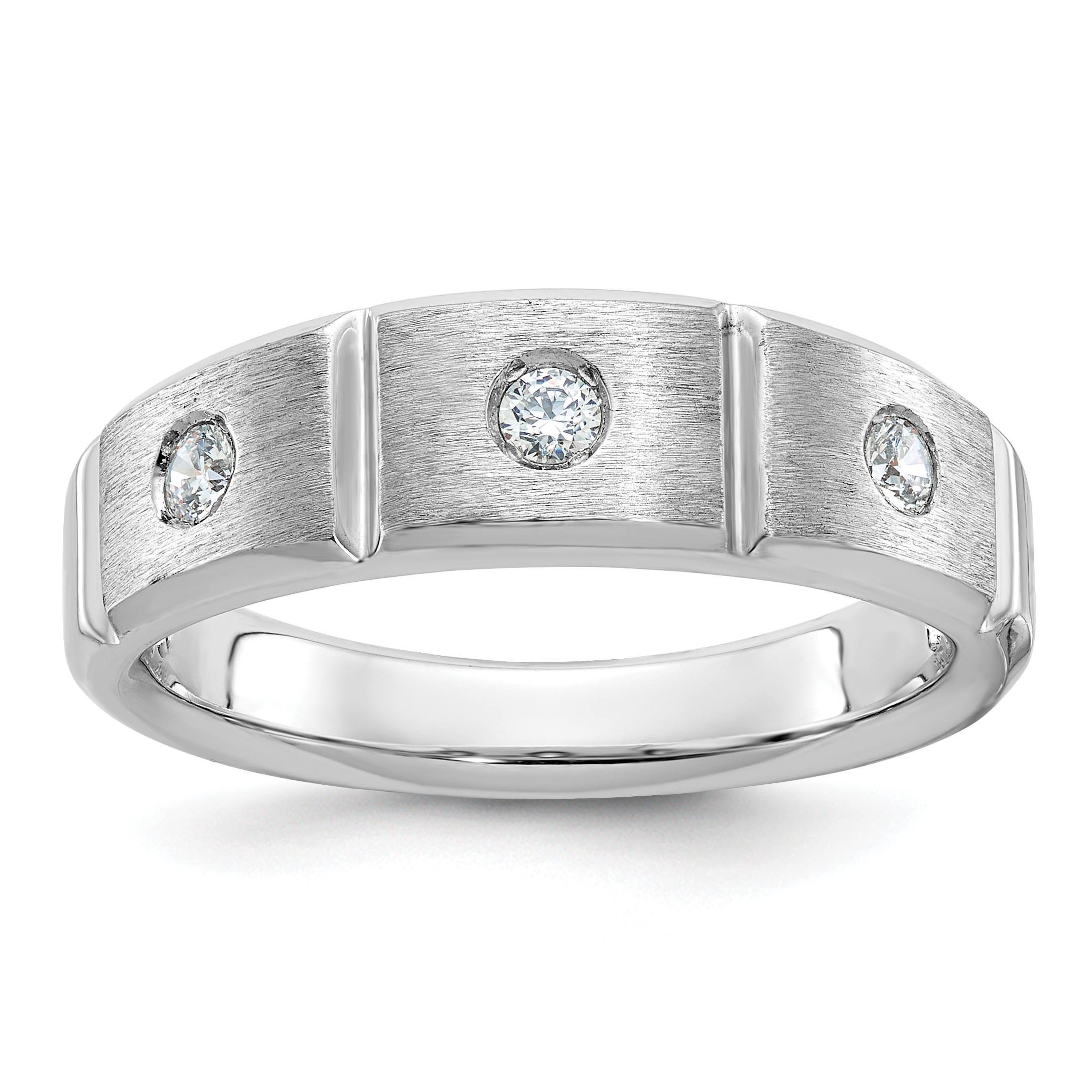 IBGoodman 14k White Gold Men's Polished Satin and Grooved 3-Stone 1/5 Carat AA Quality Diamond Ring (B58945-4WAA)