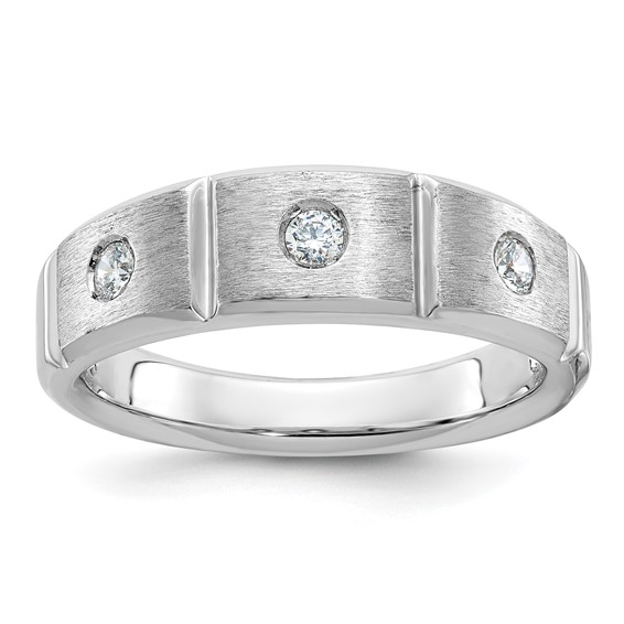 IBGoodman 14k White Gold Men's Polished Satin and Grooved 3-Stone Ring Mounting