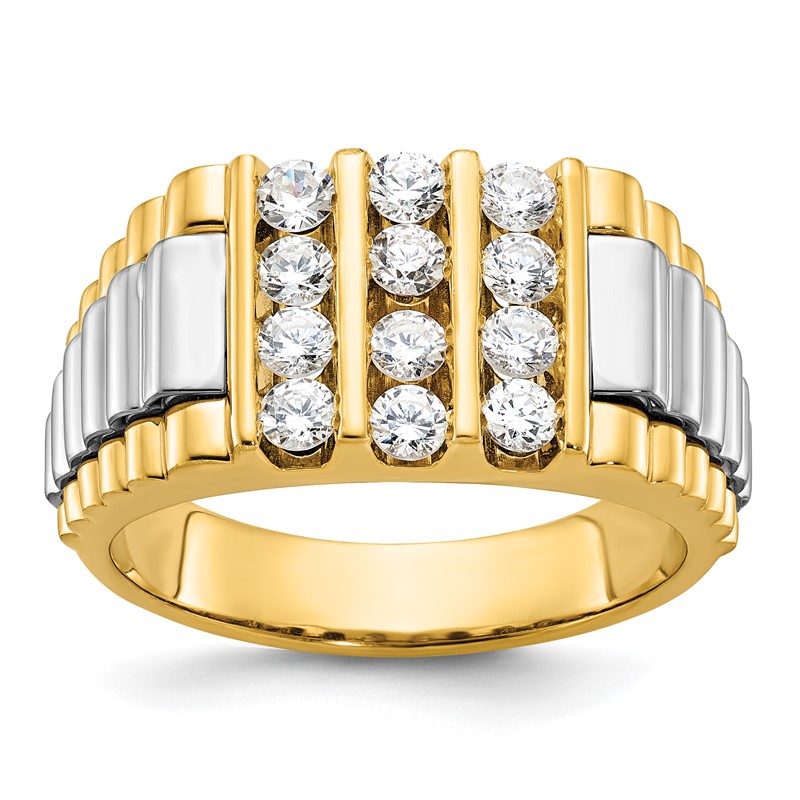 IBGoodman 14k Two Tone 1 carat Lab Grown Diamond VS/SI+ G+ Complete Grooved Four Row Men's Ring