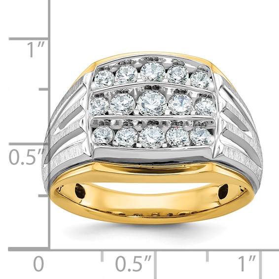 IBGoodman 14k Two-tone Men's Polished Satin and Grooved 3-Row 1 Carat AA Quality Diamond Ring