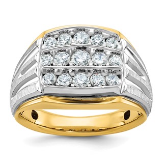 IBGoodman 14k Two-tone Men's Polished Satin and Grooved 3-Row 1 Carat AA Quality Diamond Ring