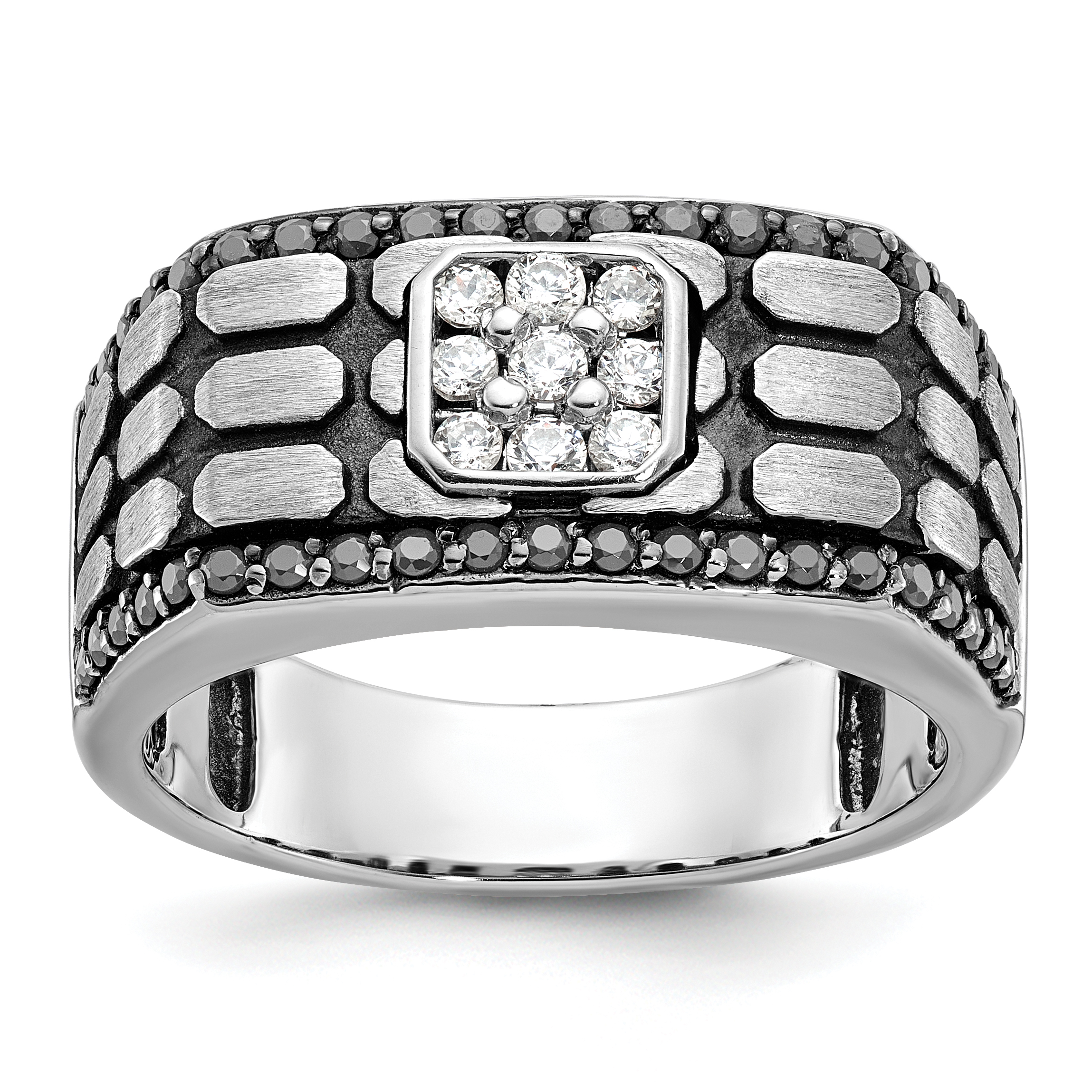IBGoodman 14k White Gold with Black Rhodium Men's Polished Satin and Cobblestone Textured Black and White 5/8 Carat AA Quality Diamond Ring (B59092-4WAA)
