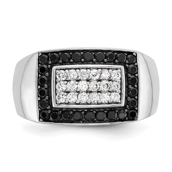 IBGoodman 14k White Gold Men's Polished 1 Carat Black and White Diamond Rectangular Cluster Ring