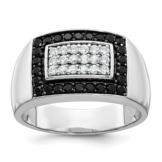 IBGoodman 14k White Gold Men's Polished 1 Carat Black and White Diamond Rectangular Cluster Ring