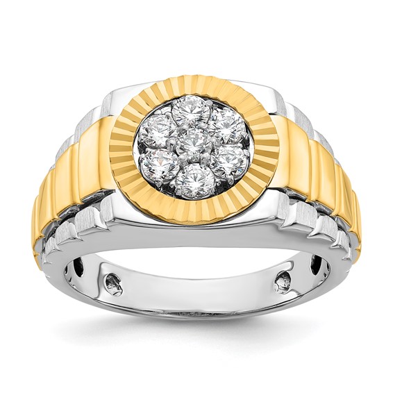 IBGoodman 14k Two-tone Men's Polished Satin and Diamond-cut Round 1/2 Carat AA Quality Diamond Cluster Ring