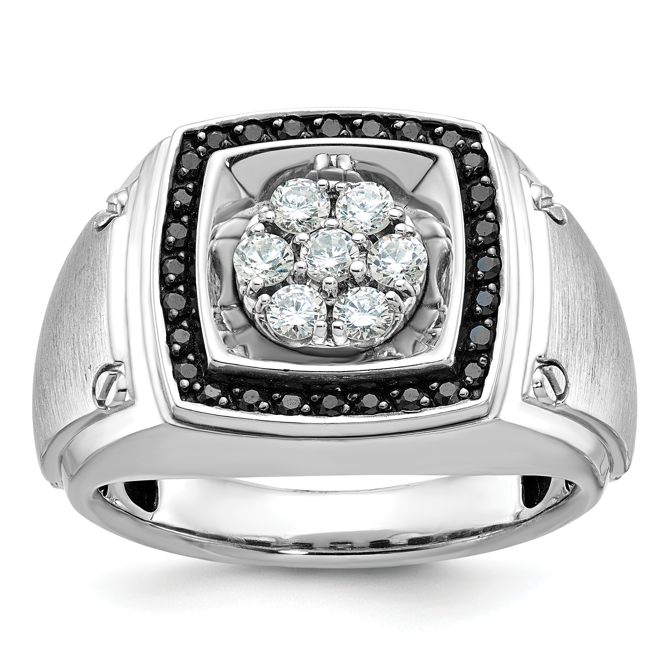 IBGoodman 14k White Gold Men's Polished and Satin 3/4 Carat AA Quality Black and White Diamond Halo Cluster Ring (B59156-4WAA)