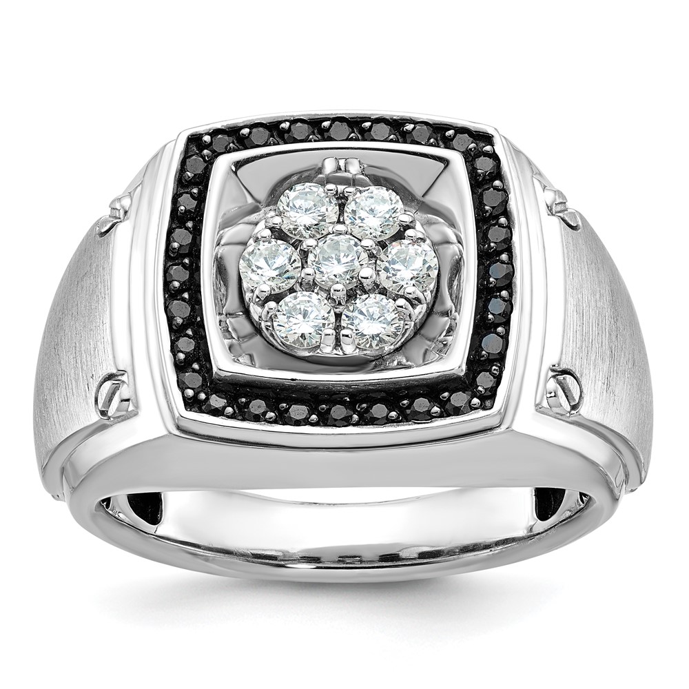 IBGoodman 14k White Gold Men's Polished and Satin 3/4 Carat AA Quality Black and White Diamond Halo Cluster Ring (B59156-4WAA)