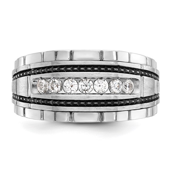 IBGoodman 14k White Gold with Black Rhodium Men's Polished Satin and Textured 7-Stone 1/2 Carat AA Quality Diamond Ring