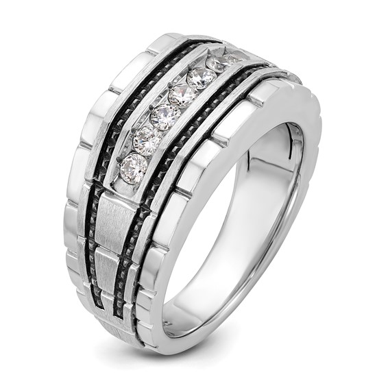 IBGoodman 14k White Gold with Black Rhodium Men's Polished Satin and Textured 7-Stone 1/2 Carat AA Quality Diamond Ring