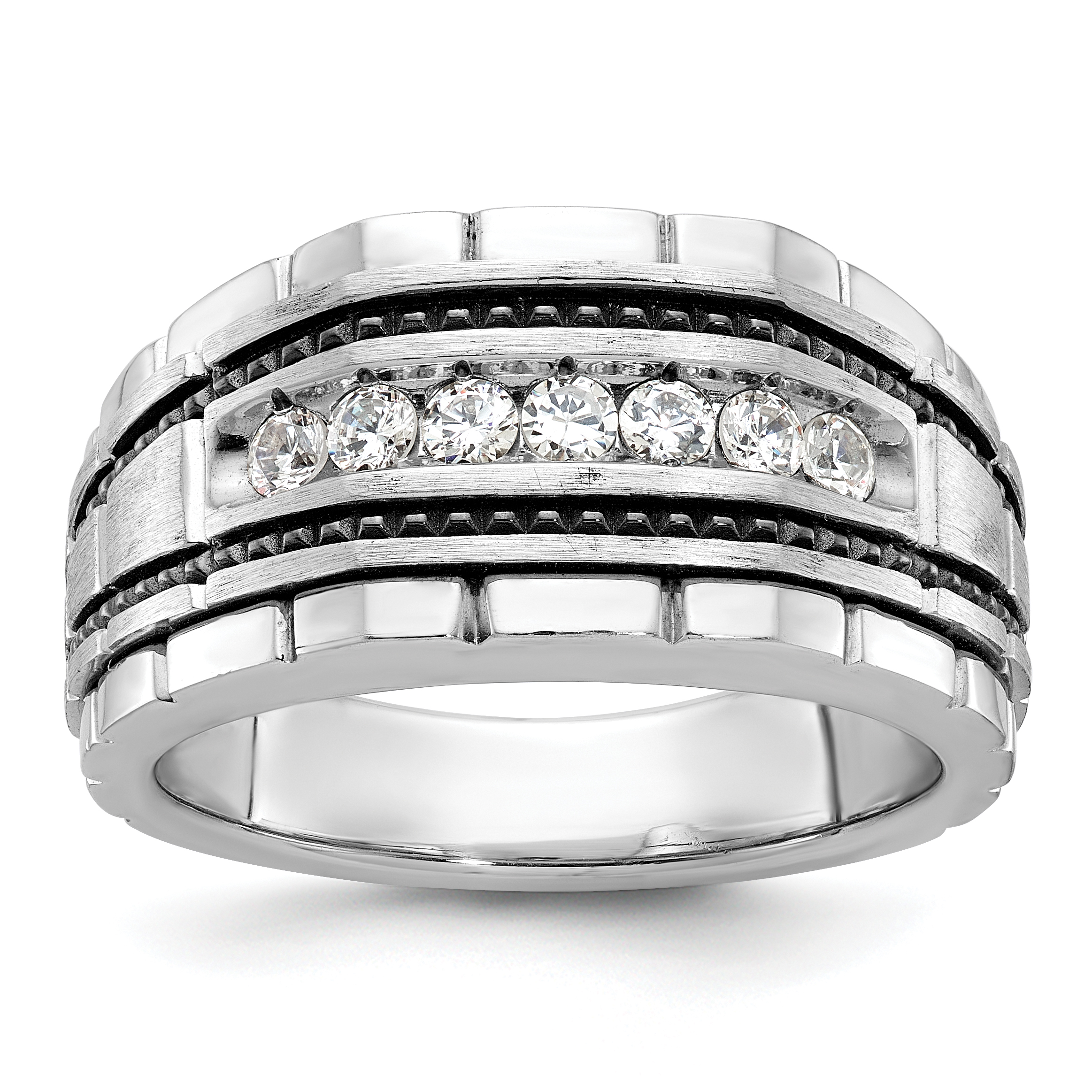 IBGoodman 14k White Gold with Black Rhodium Men's Polished Satin and Textured 7-Stone 1/2 Carat AA Quality Diamond Ring (B59177-4WAA)
