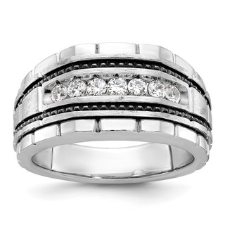 IBGoodman 14k White Gold with Black Rhodium Men's Polished Satin and Textured 7-Stone 1/2 Carat AA Quality Diamond Ring