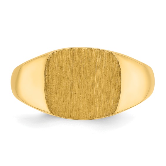 10ky 12mm x 12mm cushion face signet ring.