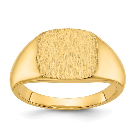 10ky 12mm x 12mm cushion face signet ring.