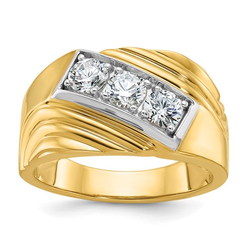 IBGoodman 14K Ring with White Rhodium 1 Carat Lab Grown Diamond VS SI+ G+ Complete Polished and Grooved Three Stone Men's