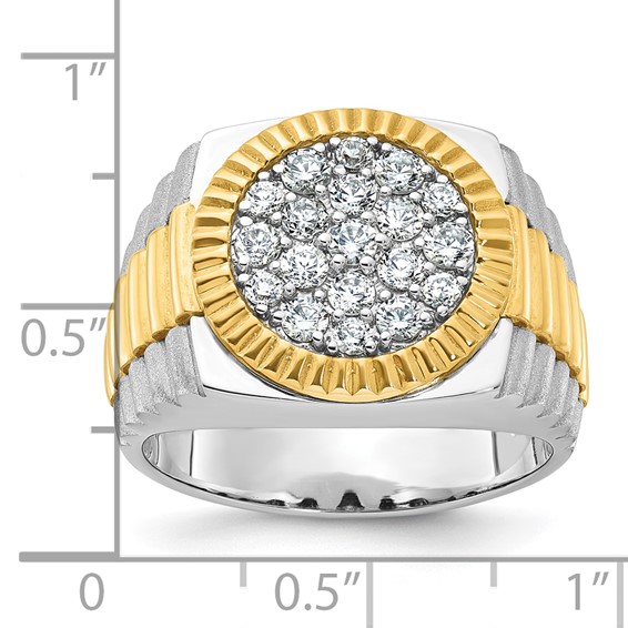 IBGoodman 14k Two-tone Men's Polished Satin and Ribbed 1 1/8 Carat AA Quality Diamond Round Cluster Ring