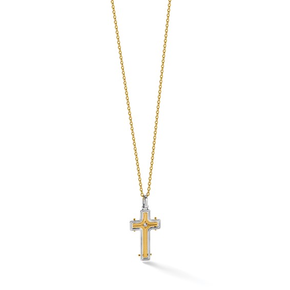 14k Two-tone  Brushed and Polished Lab Grown Cross Pendant