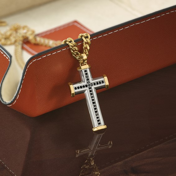 14k Two-tone Black Diamond Cross Pendant