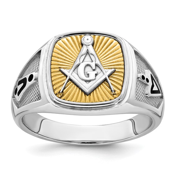 14K Two-tone IBGoodman Men's Black Enamel Masonic Compass Ring