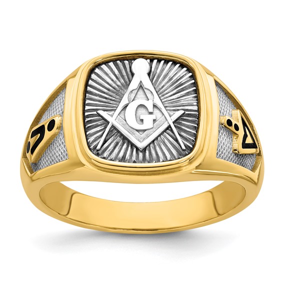 14K Two-tone IBGoodman Men's Black Enamel Masonic Compass Ring