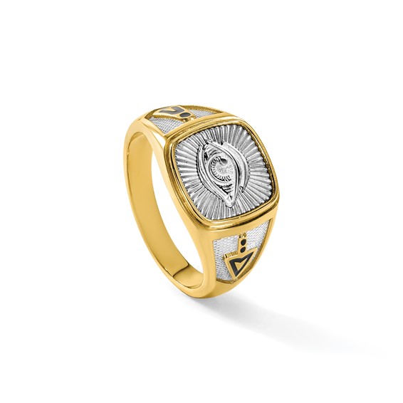 14K Two-tone IBGoodman Men's Black Enamel Masonic Eye Ring