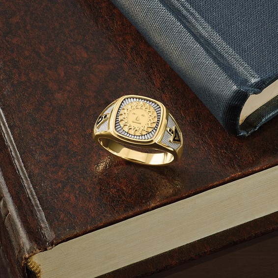 14K Two-tone IBGoodman Men's Black Enamel Sun Masonic Ring