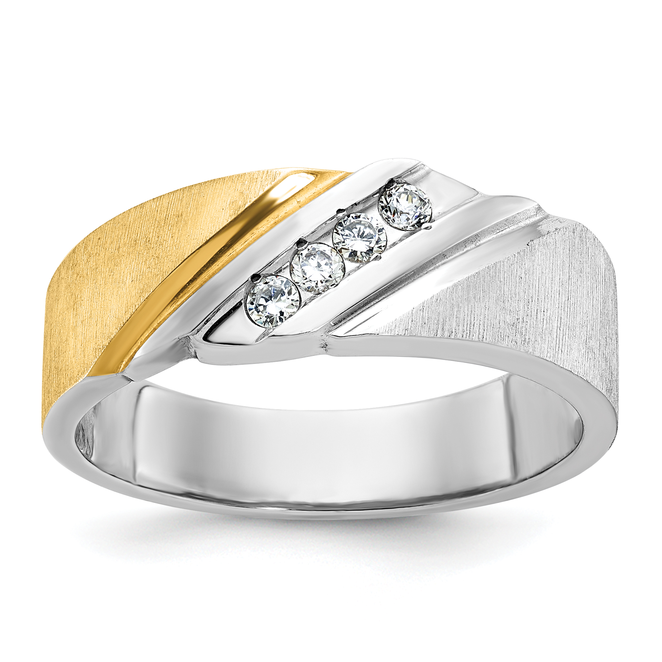 IBGoodman 14k Two-tone Men's Polished Satin and Grooved 4-Stone 1/4 Carat AA Quality Diamond Ring (B61393-4WYAA)