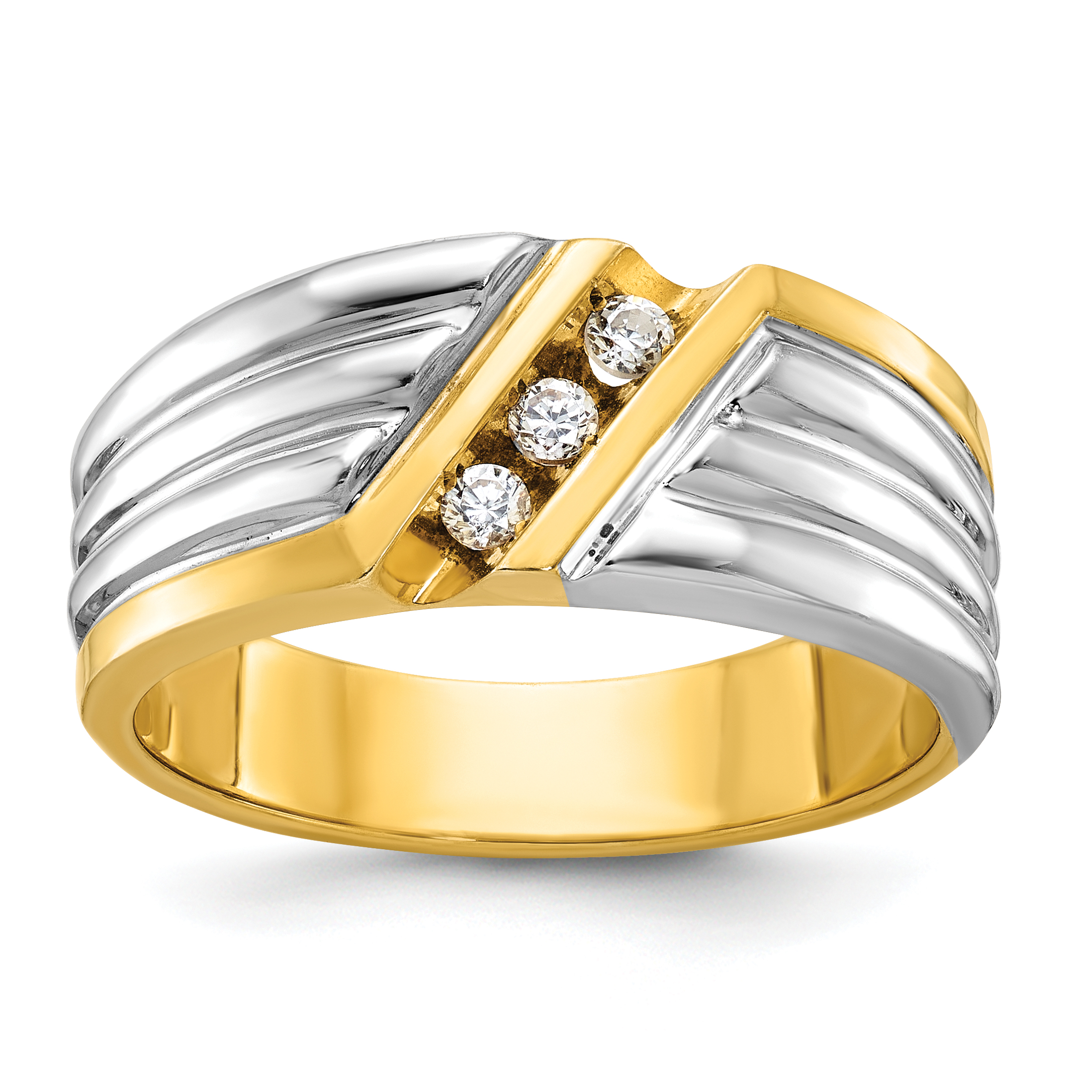 IBGoodman 14k Two-tone Men's Polished and Grooved 3-Stone 1/6 Carat AA Quality Diamond Ring (B62288-4YWAA)
