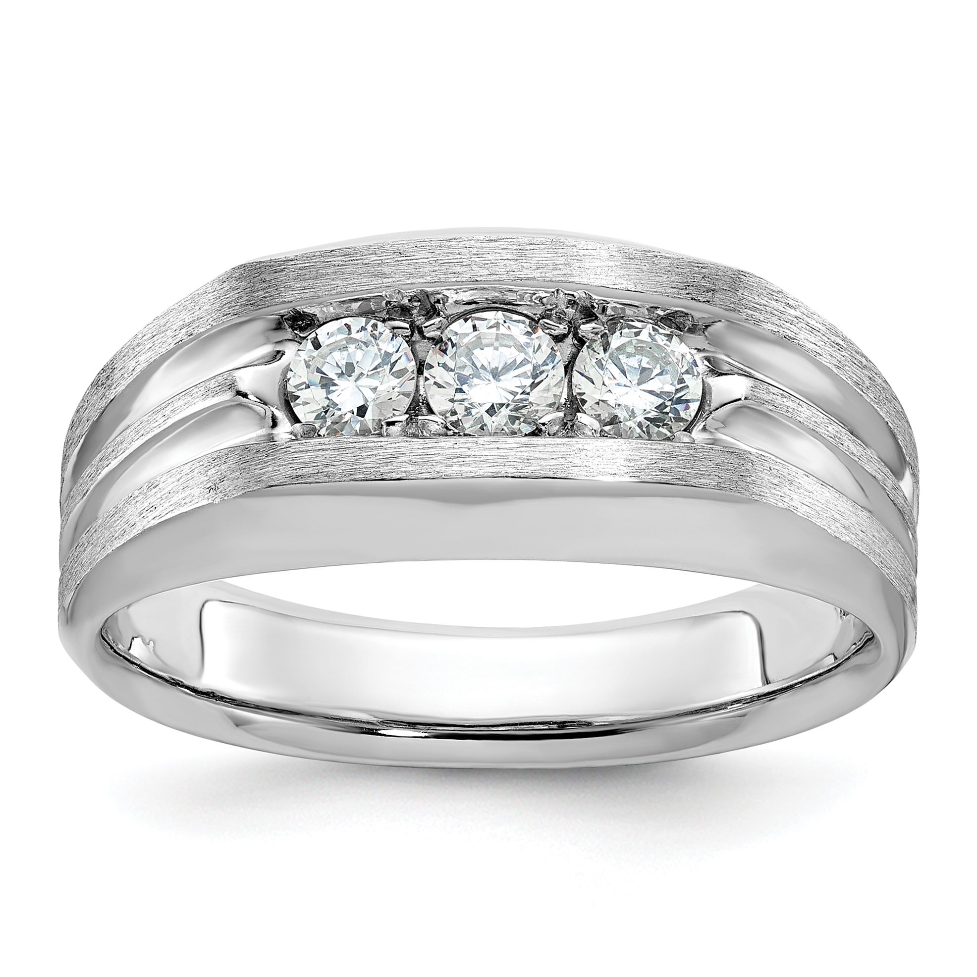 IBGoodman 14k White Gold Men's Polished Satin and Grooved 3-Stone 1/2 Carat AA Quality Diamond Ring (B63167-4WAA)