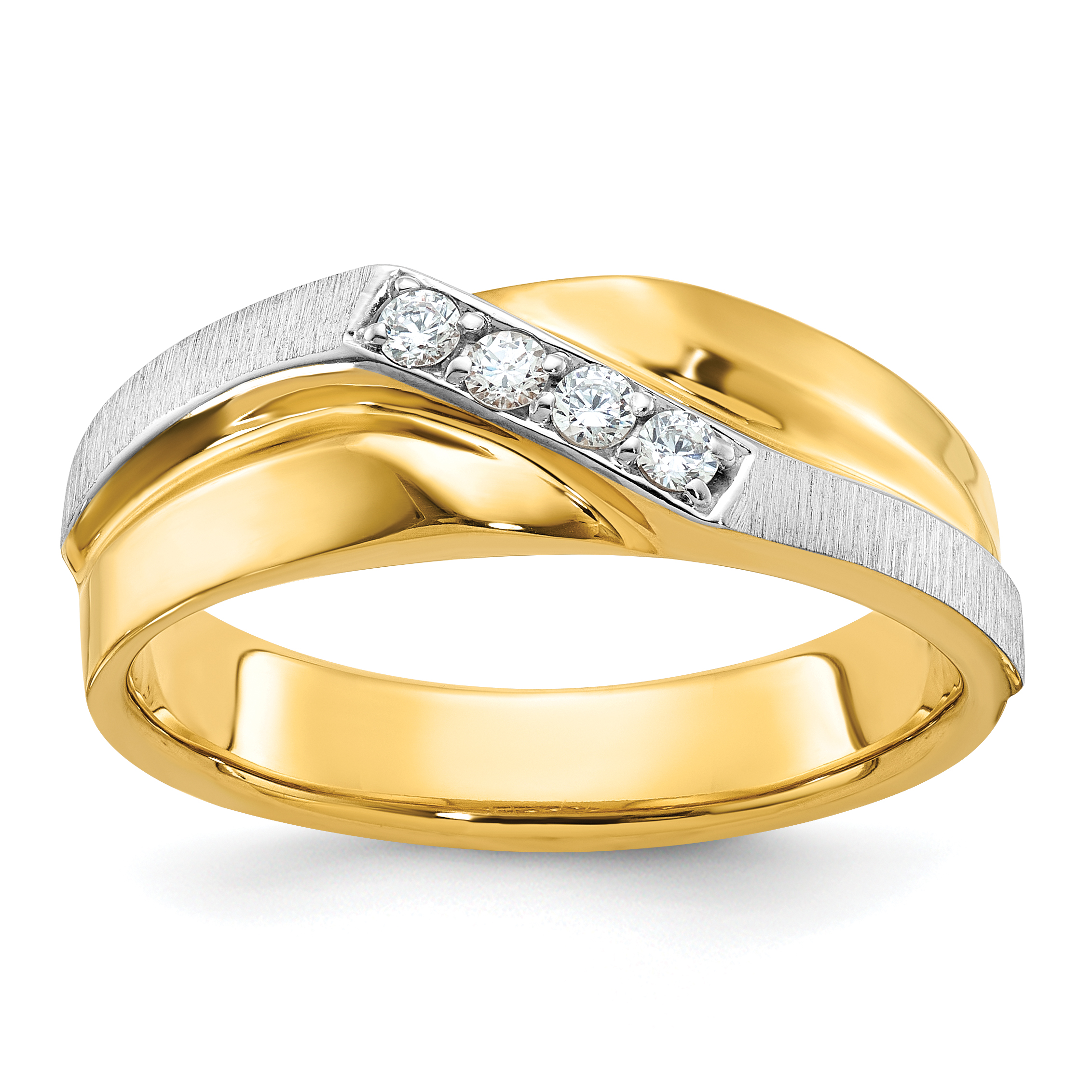 IBGoodman 14k Two-tone Men's Polished Satin and Grooved 4-Stone 1/8 Carat AA Quality Diamond Ring (B63231-4YWAA)