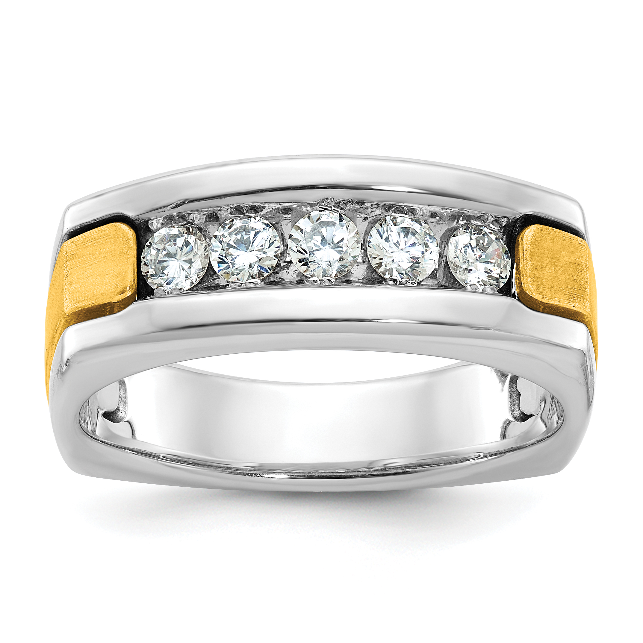 IBGoodman 14k Two-tone Men's Polished Satin and Grooved 5-Stone 1/2 Carat AA Quality Diamond Square Ring (B63302-4WYAA)