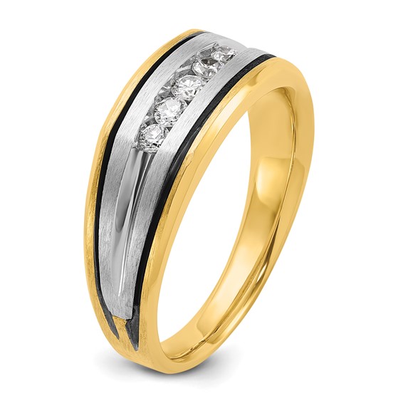 IBGoodman 14k Two-tone with Black Rhodium Men's Polished Satin and Grooved 5-Stone 1/4 Carat BB Quality Diamond Ring