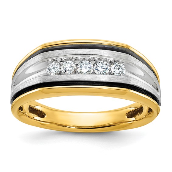 IBGoodman 14k Two-tone with Black Rhodium Men's Polished Satin and Grooved 5-Stone 1/4 Carat BB Quality Diamond Ring