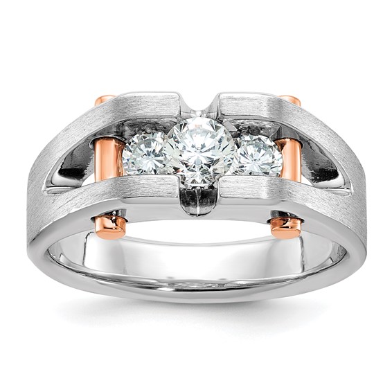 IBGoodman 14k White and Rose Gold Men's Polished Satin and Cut-Out 3-Stone 3/4 Carat BB Quality Diamond Ring