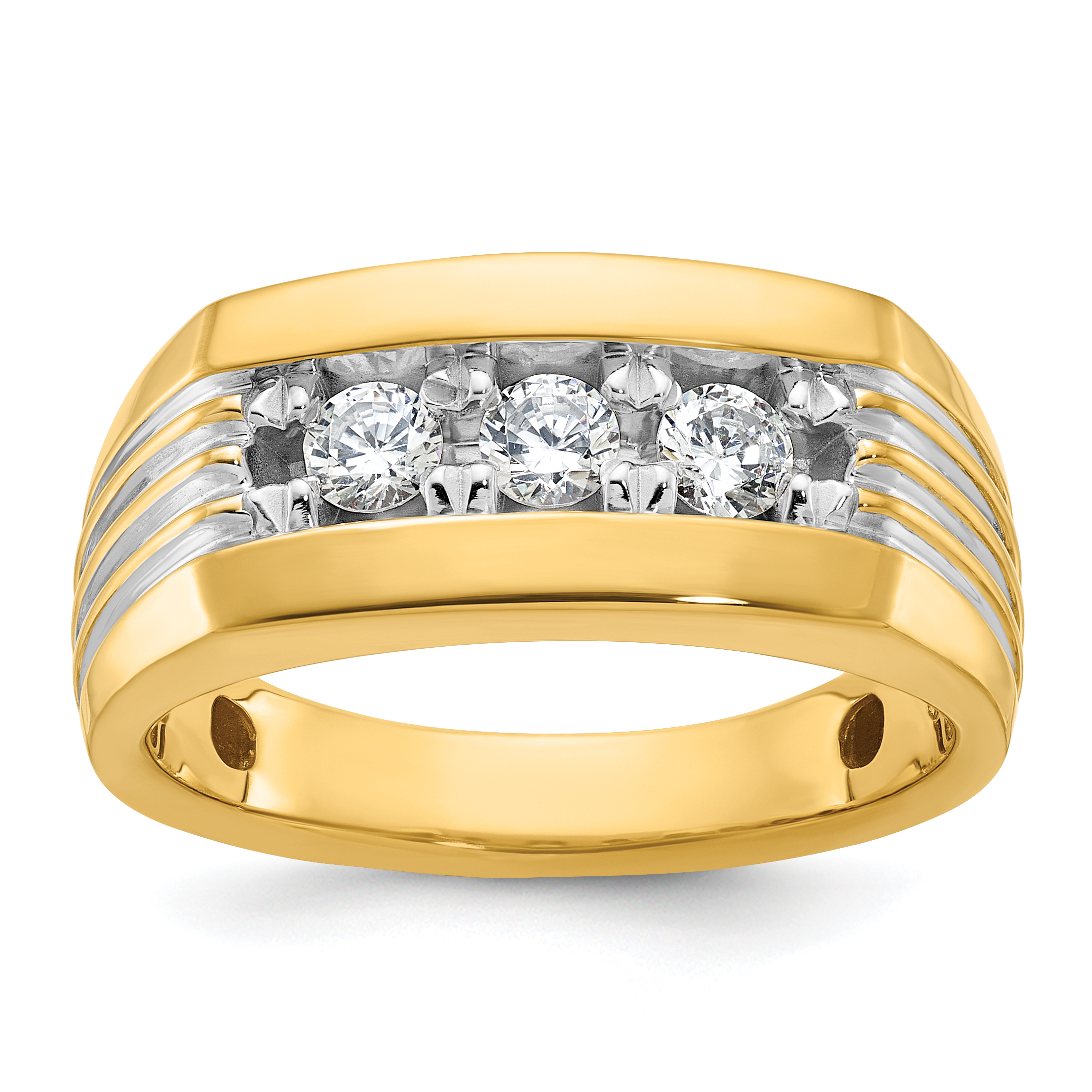 IBGoodman 14k with White Rhodium Men's Polished and Grooved 3-Stone 1/2 Carat AA Quality Diamond Ring (B63723-4YAA)