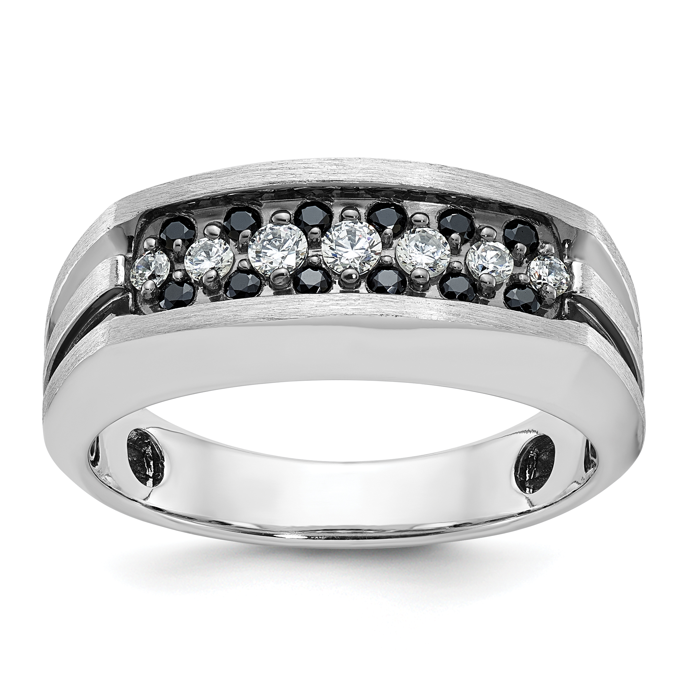 IBGoodman 10k White Gold with Black Rhodium Men's Polished Satin and Grooved 1/2 Carat A Quality Black and White Diamond Ring (B63728-0WA)