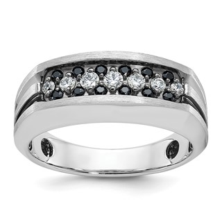 IBGoodman 14k White Gold with Black Rhodium Men's Polished Satin and Grooved 1/2 Carat A Quality Black and White Diamond Ring