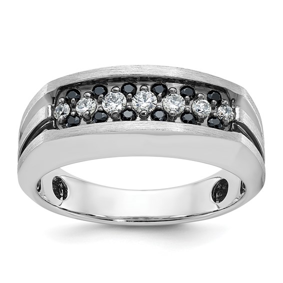 IBGoodman 14k White Gold with Black Rhodium Men's Polished Satin and Grooved 1/2 Carat A Quality Black and White Diamond Ring