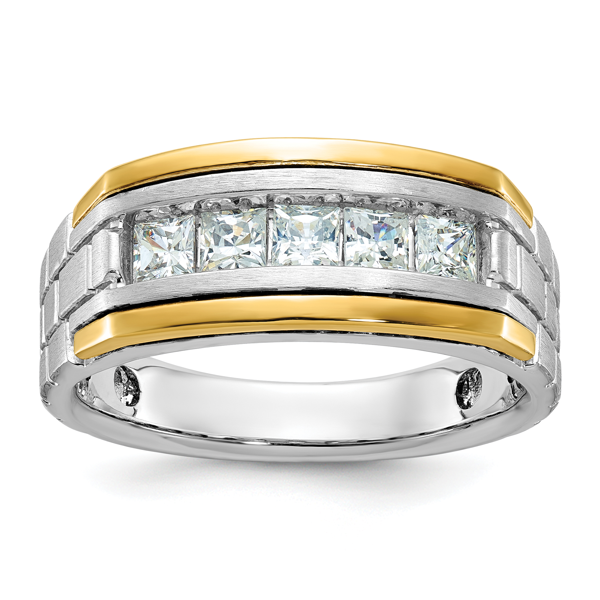 IBGoodman 14k Two-tone Men's Polished Satin and Grooved 5-Stone 1 Carat Square AA Quality Diamond Ring (B63776-4WYAA)